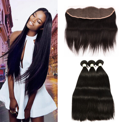 

MORICHY Peruvian Straight Hair with Closure 13x4 Free Part Lace Frontal Closure with 3 Bundles 7A Unprocessed Human Hair Extension