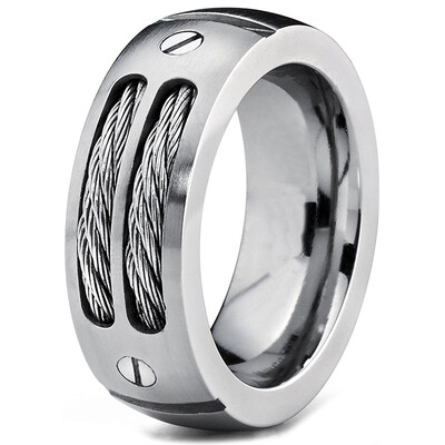

Hpolw 8MM Mens Stainless Ring Wedding Band with Stainless Steel Cables&Screw Design Sizes 6 to 15 Punk Style Accessories