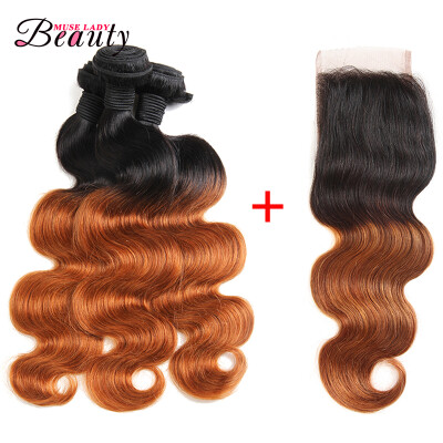 

Ombre Brazilian Virgin Hair Body Wave 3 Bundles with Lace Closure 4x4 Two Tone Human Hair 1b/30 Free Shipping