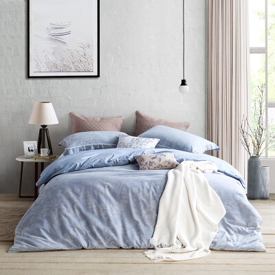 

LOVO Carolina life produced washed cotton yarn-dyed jacquard bedding four-piece Lan Xin suite 1.8 meters bed 220 * 240cm