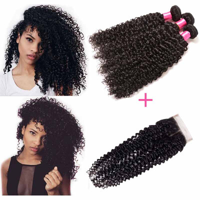 

Mongolian Kinky Curly Hair With Closure Curly Weave Human Hair 4*4 Lace Closure