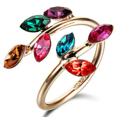 

Yoursfs@ 18K Rose Gold Plated Unique Leaves Shaped Colorful Austrian Crystal Engagement Ring Adjustable