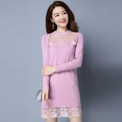 

A long morning 2017 autumn&winter knit dress in the long section Slim was thin lace sexy long-sleeved round neck skirt female S65H0005A26XL pink XL