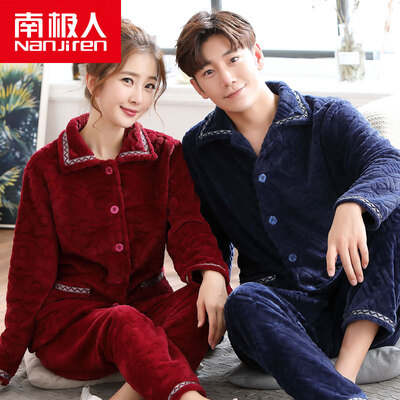 

Antarctic pajamas home service flannel long-sleeved couples pajamas men&women sports can be worn outside the autumn&winter solid color coral cashmere set 1031 male navy XL