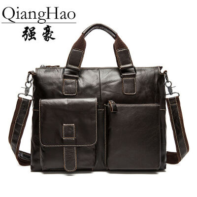 

QiangHao Genuine Leather Men Bag Men's Briefcases 15.6 inch Leather Laptop Bag business Male men travel Tote crossbody Bags