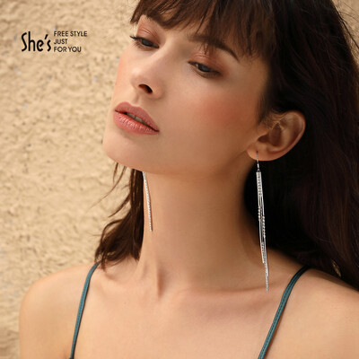 

shes Qianzi earrings fashion imitation crystal asymmetric tassel earrings long earrings earrings personality Korean female H0 white