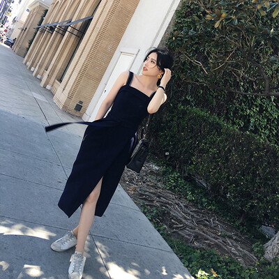 

Sustory womens 2017 summer new temperament slim strap dress solid color strap long skirt vest skirt womens skirt SU280 navy blue XL