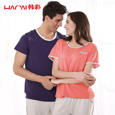 

Han Choi HACAI pajamas male 2017 spring&summer short-sleeved modal round neck men&39s clothing suit purple blue 17095