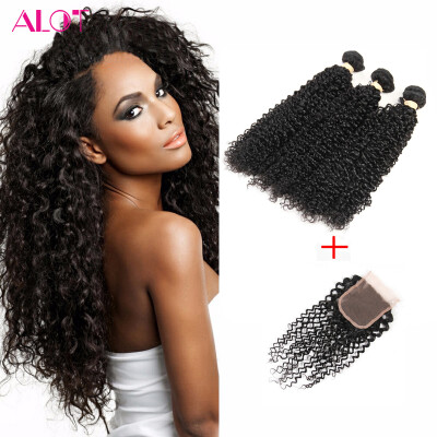 

Brazilian Curly Hair Weave 3 Bundles With Closure Free Part Brazilian Kinky Curly Virgin Hair Alot Hair Products Human Hair Weave