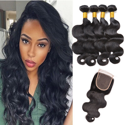 

5Pcs Lot Peruvian Virgin Hair Body Wave Lace Closure With 4 Bundles Human Hair Weave 100 Unprocessed Peruvian Virgin Hair Extensi