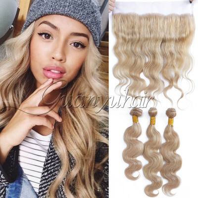 

7A Cheap 13x4 Ear to Ear Lace Frontal Closure With Bundles Peruvian Virgin Hair Body Wave Ombre 27 Honey Blonde Color