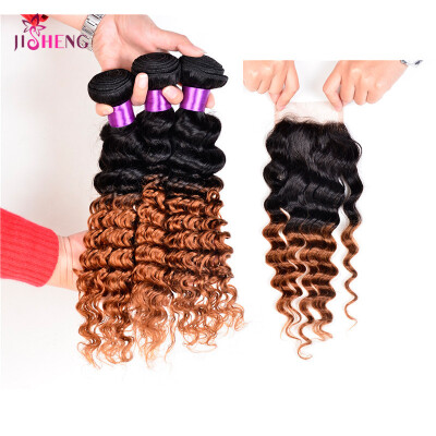 

8A Indian Virgin Human Hair Wave 3 Bundles Ombre Deep Wave With 4*4 Lace Closure Hair Bundles With Closure