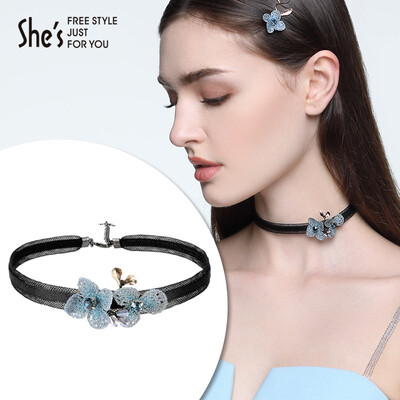 

shes Qian Zi Tanabata gift necklace vintage lilac flowers choker collar clavicle chain female C0 blue