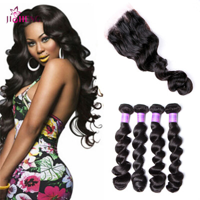 

8A Indian Virgin Human Hair Wave 3 Bundles Loose Wave Hair With 44 Lace Closure Remy Hair Extensions