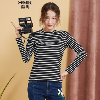 

Semir sweater women 2017 autumn stripes were thin collar collar shirt sweater 12316010026 black&white tone M