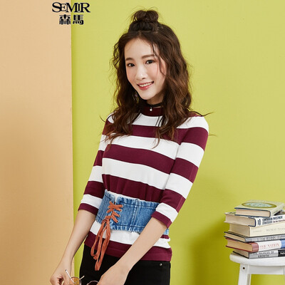 

Semir Knitwear Female 2017 Autumn Striped Stripe Shirt Women Elasticity Shirt 14316070213 White Red Tone L