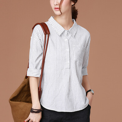 

City Plus CITYPLUS 2017 Fall new women&39s literature lively lapel striped long-sleeved shirt shirt CWCS178162 white