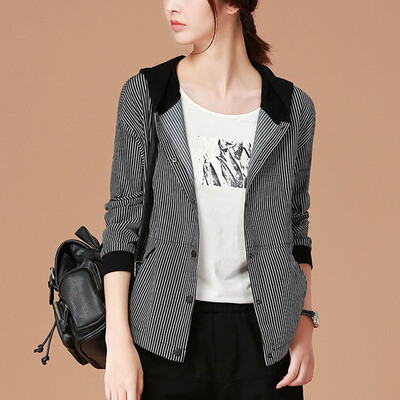 

City plus CITYPLUS 2017 autumn new women's art wild hooded stripes were thin baseball clothing short jacket CWWT178150 black and white XL
