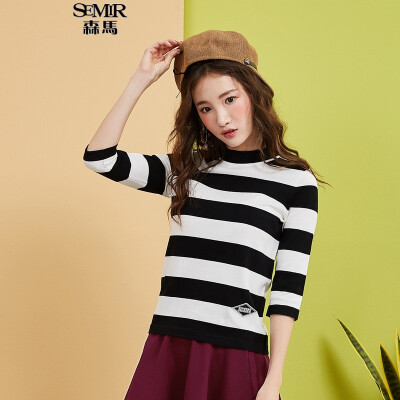 

Semir Knitwear Female 2017 Autumn Striped Stripe Shirt Women Elasticity Shirt 14316070213 White Black Tone M