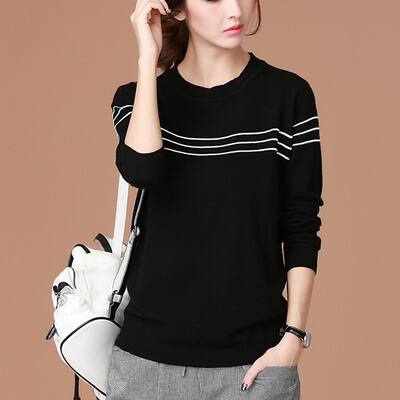 

City plus CITYPLUS 2017 autumn and winter new women's literature and art loose stitching striped sweater sets of head sweater CWYC178351 black