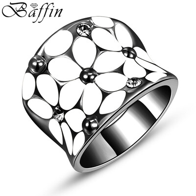 

Baffin Austrian Crystals Statement Ring Retro Vintage Black Gun Plated Flower Jewelry For Women Party Accessories