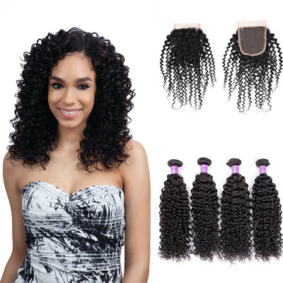 

8A Curly Wave Human Hair Bundles With Closure Indian 4 bundles Human Hair With 44 Lace Closure