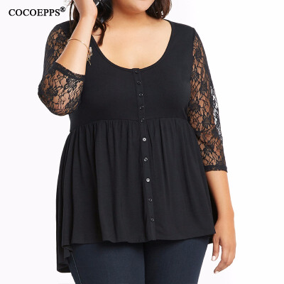 

COCOEPPS Plus size lace tops T Shirt Women 2017 Autumn Winter Three Quart T-shirt Female Black blue Tshirt Women big sizes -6XL