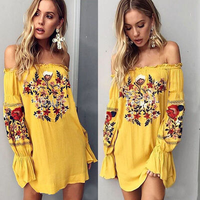 

CANISWomens Summer Off Shoulder Floral Short Mini Dress Beach Party Cocktail Evening