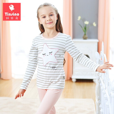 

TINSINO) children's underwear suit girls in the long child long-sleeved home service pajamas baby long-sleeved Lycra cotton Qiu Qiu shy star light powder 150