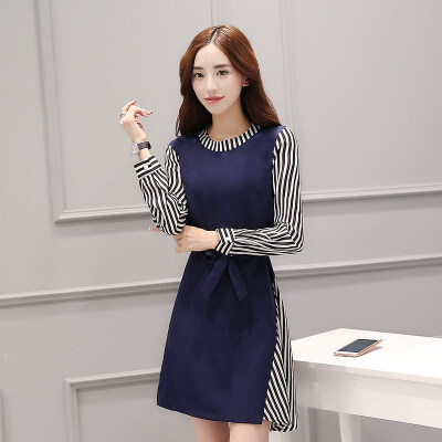 

Fort Sheng 2017 new women&39s autumn fashion Slim temperament round neck stripes elegant simple small fragrant wind splicing dress zx16092101 picture color S