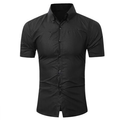 

Brand 2017 Fashion Male Hawaiian Shirt Short-Sleeves Tops Small Grid Solid Color Mens Dress Shirts Slim Men Shirt