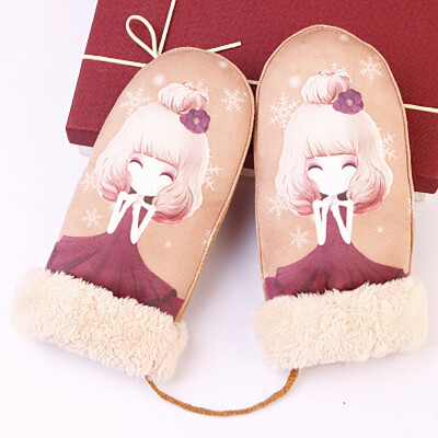 

Winter thickening warm gloves cute student cartoon plus velvet fingers hanging neck sweet