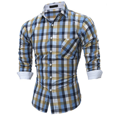 

Brand 2017 Fashion Male Shirt Long-Sleeves Tops Spring Fashion Color Plaid Mens Dress Shirts Slim Men Shirt