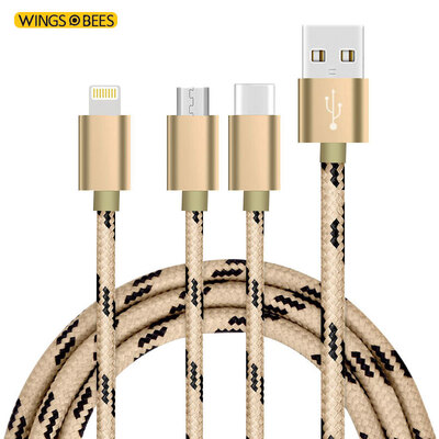 

Bee wing multi-function one drag three more than one charger line soil Hao gold black 1.2 m Type-c / Andrews / Apple iPhone7 / 6S 5S music as Huawei P9