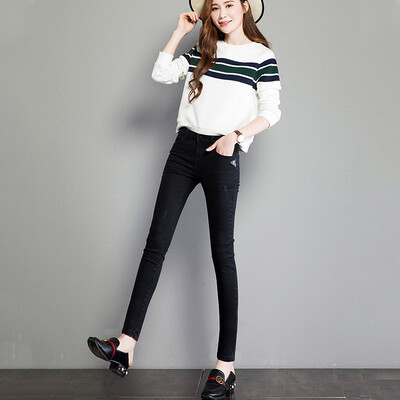 

JOY OF JOY 2018 autumn new womens embroidery denim trousers ladies casual pants stretch feet pants womens pants tide JWKN186249 A0004 black 29