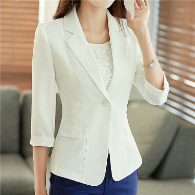 

Womens Casual Work Office Blazer Jacket 3/4 Sleeve Notched Collar Single Button Pockets Design Spring Fall Slim Lady Outwear