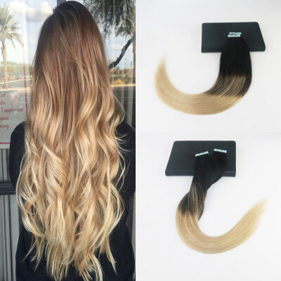 

High Quailty #1B#18#60 Ombre Balayage Color 14-24" Straight Brazilian Remy Skin Weft Hair Extensions Free Shipping