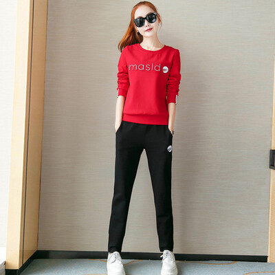 

Fort Sheng 2017 new women autumn and winter hedging sportswear female students fashion Korean sweater running solid color two sets zx1783005 red M