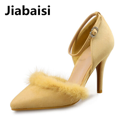 

Jiabaisi shoes Women pumps Fur Pointed Toe New Spring High Heels Multifunction strap Stiletto Dress Party Womens Shoes