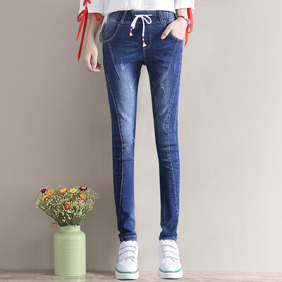 

City plus CITYPLUS 2017 women's autumn new text elastic waist belt Slim thin elastic jeans jeans CWKN177157 light blue 27