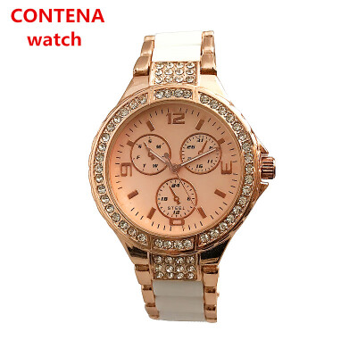 

TOP Brand Contena Imitation Ceramic Elegant Women Quartz Dress Watches 3 Dials Design Ladies Fashion Rhinestone Watches