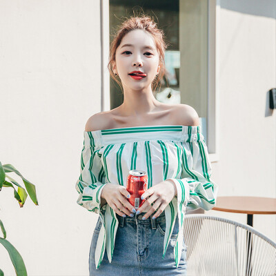 

2017 new female fashion wild coat sexy big word striped striped long-sleeved shirt