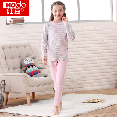 

Red beans children&39s warm underwear suit men&women in the big children low round neck autumn&winter Shu Rong red bean velvet youth stripes plus cashmere coat HDR27010 pink strip 120