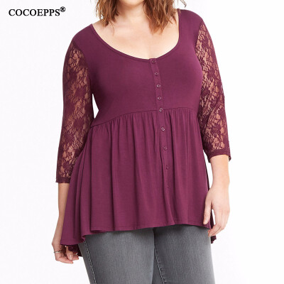 

COCOEPPS Plus size lace tops T Shirt Women 2017 Autumn Winter Three Quart T-shirt Female Black blue Tshirt Women big sizes -6XL