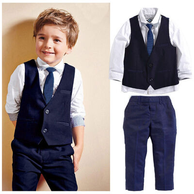 

Gentleman Kids Baby Boys Suit Tops Shirt Waistcoat Tie Pants 4PCS Set Clothes