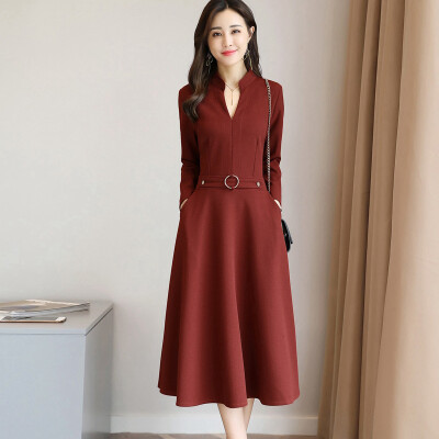 

Markentsee 2017 new women's long-sleeved long-sleeved long pendulum V-neck pure color dress Slim personality simple yzSERQ1762 brick red