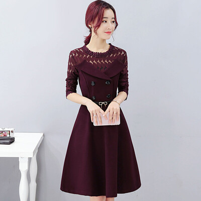 

Fort Sheng 2017 new women&39s autumn dress in the long section of temperament ladies Slim A word skirt solid color hollow elegant zx1782303 deep purple L