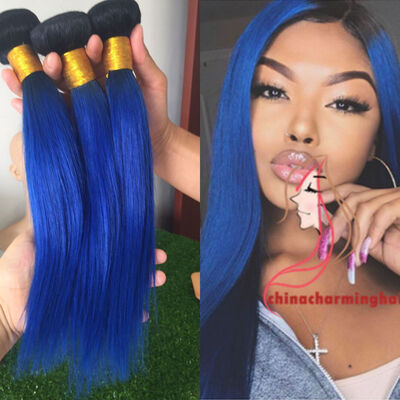 

Бразильские прямые человеческие волосы Ткани T1B / Blue Two Tone Virgin Brazilian Hair Weave Bundles Ombre для наращивания человеческих волос 3pcs / lot