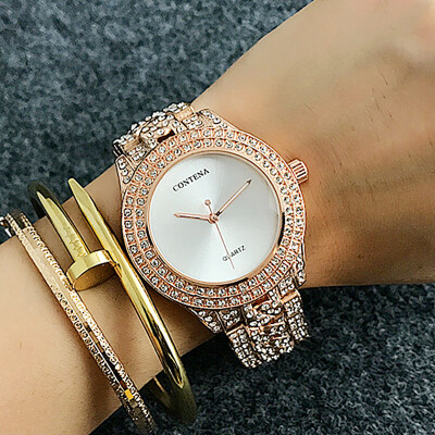 

CONTENA Ladies Diamond Dress Watches Bling Crystal Luxury Wrist Watches Gifts For Female Business Gold Watch