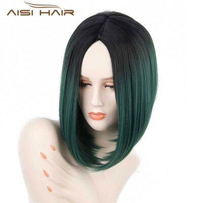 

AISI HAIR Теневые шорты Парики для черных женщин Синтетические прямые зеленые волосы Боб Стиль